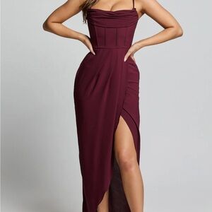 Showpo Wine Strapless High-Slit Maxi Dress